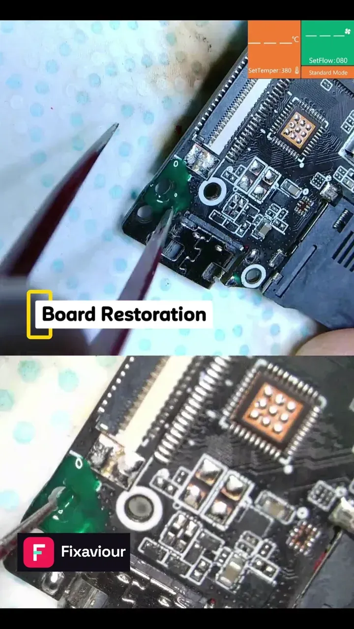 Torn USB-C pad area being reconstructed on a generic Android tablet board