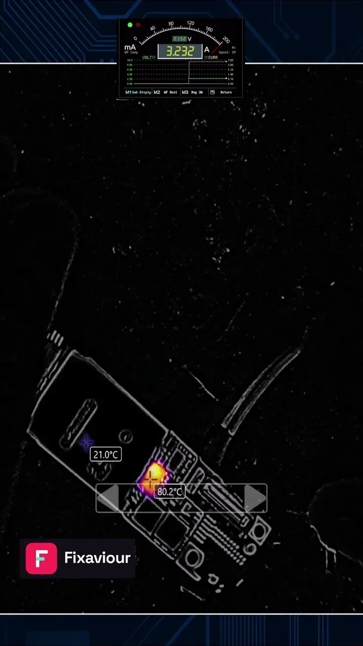 Thermal-camera view used to locate a shorted component on an iPhone 15 board