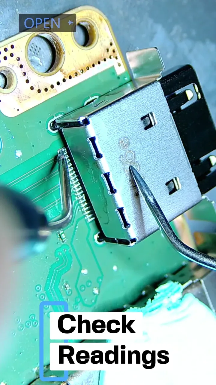 Replacement HDMI port fitted to an Xbox Series X board under magnification