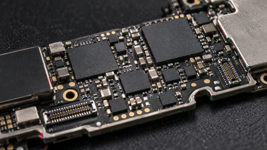 Illustrative close-up of surface-mount components and connectors on a smartphone logic board