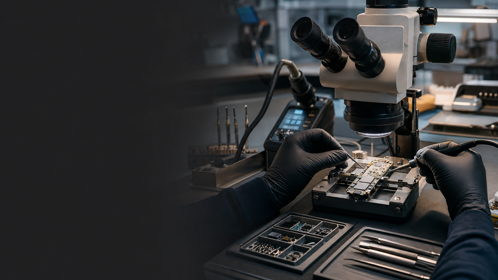 Technician performing board-level microsoldering repair in the Fixaviour lab