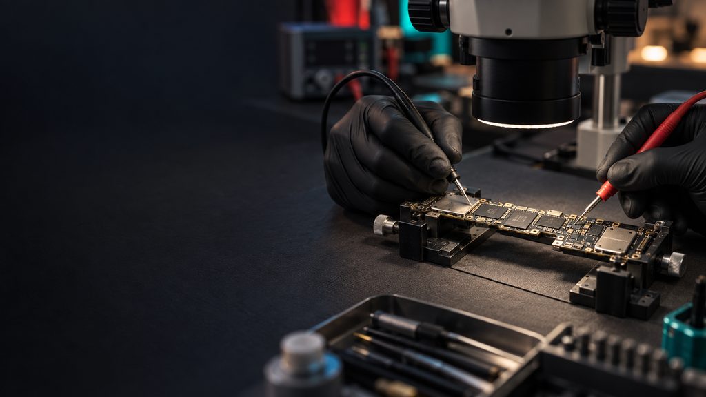 Illustrative board-level testing of a smartphone logic board under a microscope
